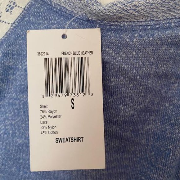 NWT PHILOSOPHY Women S French Terry Blue Heather Lace Pullover Sweatshirt TOP - Picture 7 of 8